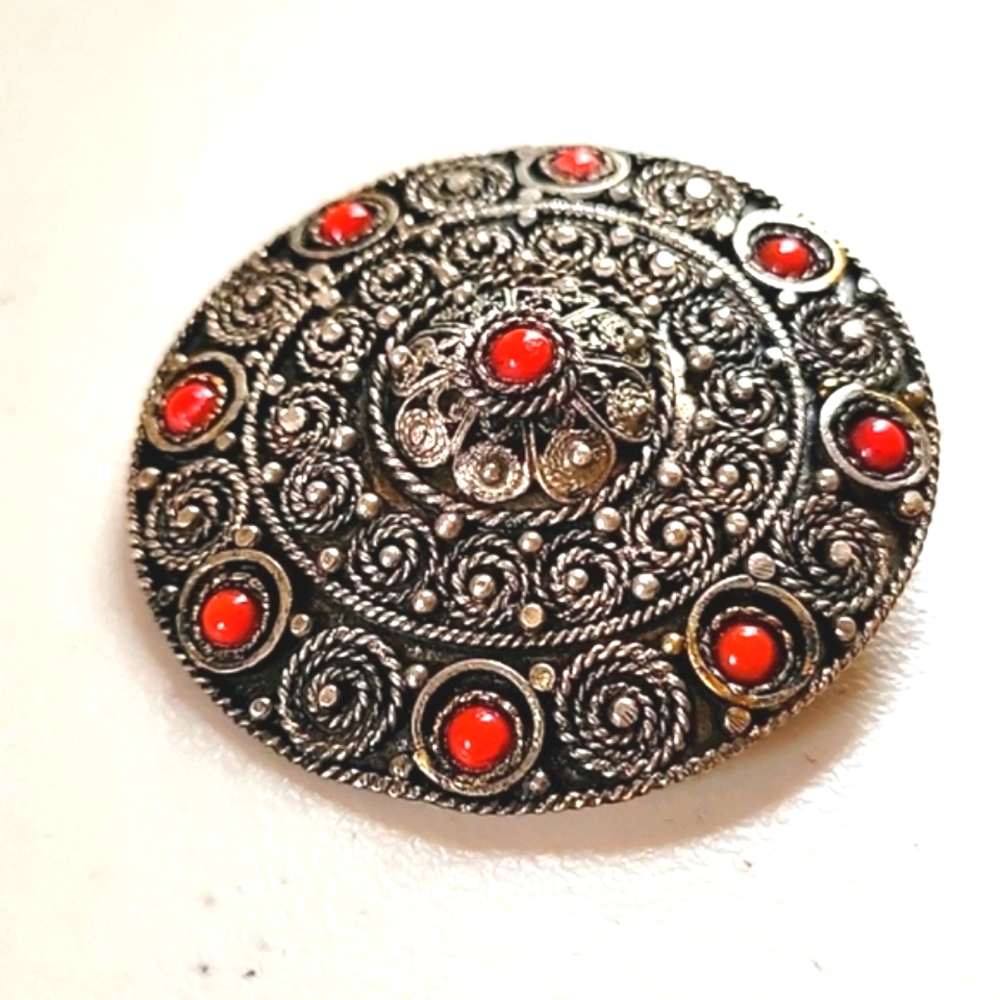 Israel Sterling Silver Antique Coral Gemstones Brooch & Pendant - Picture 2 of 5